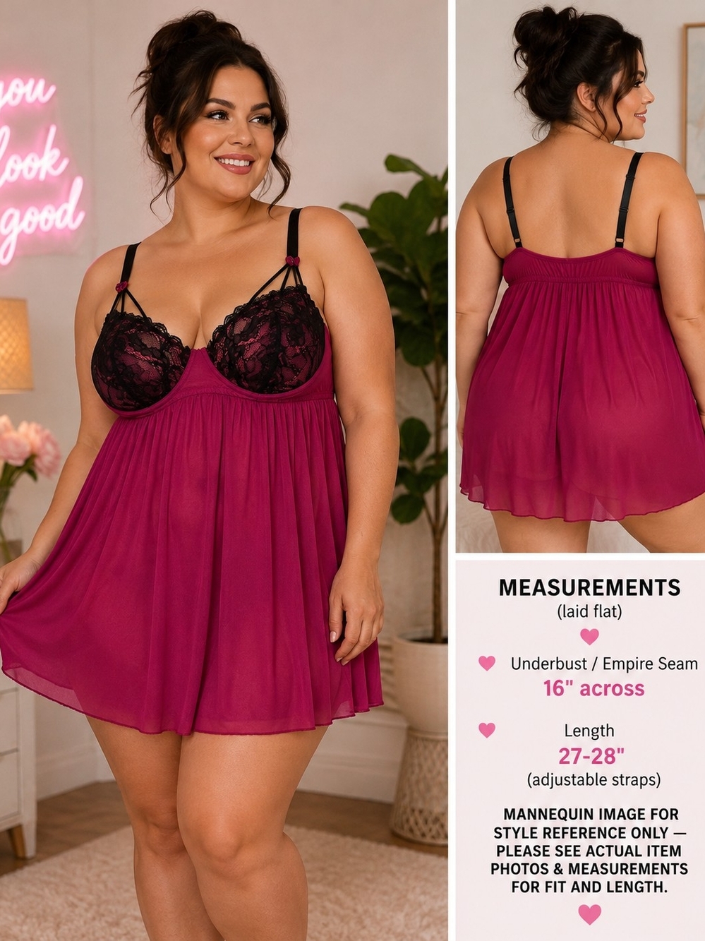 torrid Plus Size 2 Lace-Trim Babydoll Chemise - Burgundy & Black
